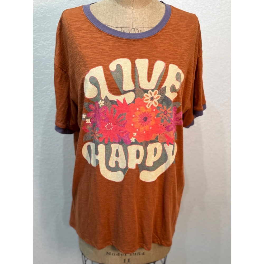 NATURAL LIFE Live Happy Floral Graphic Short Sleeve Tee - Rust with Purple Trim